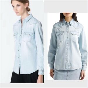 Zara TRF light wash denim snap-button western boho shirt size medium rodeo top